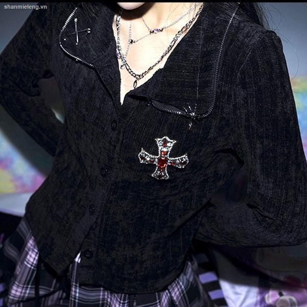 Áo khoác cardigan dệt kim màu đen đính đá phong cách punk 2021 cho nữ y2k