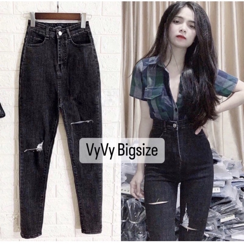 Quần Jean skinny Xám Muối Tiêu 2Nút Rách Kiểu/Trơn Tua Lai Co Giãn Mạnh Lưng Cao Trên Rốn