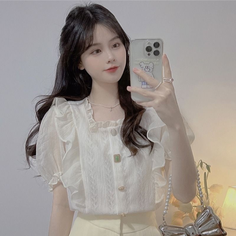 Áo sơ mi IELGY tay ngắn cổ vuông phối bèo phong cách Pháp dành cho nữ