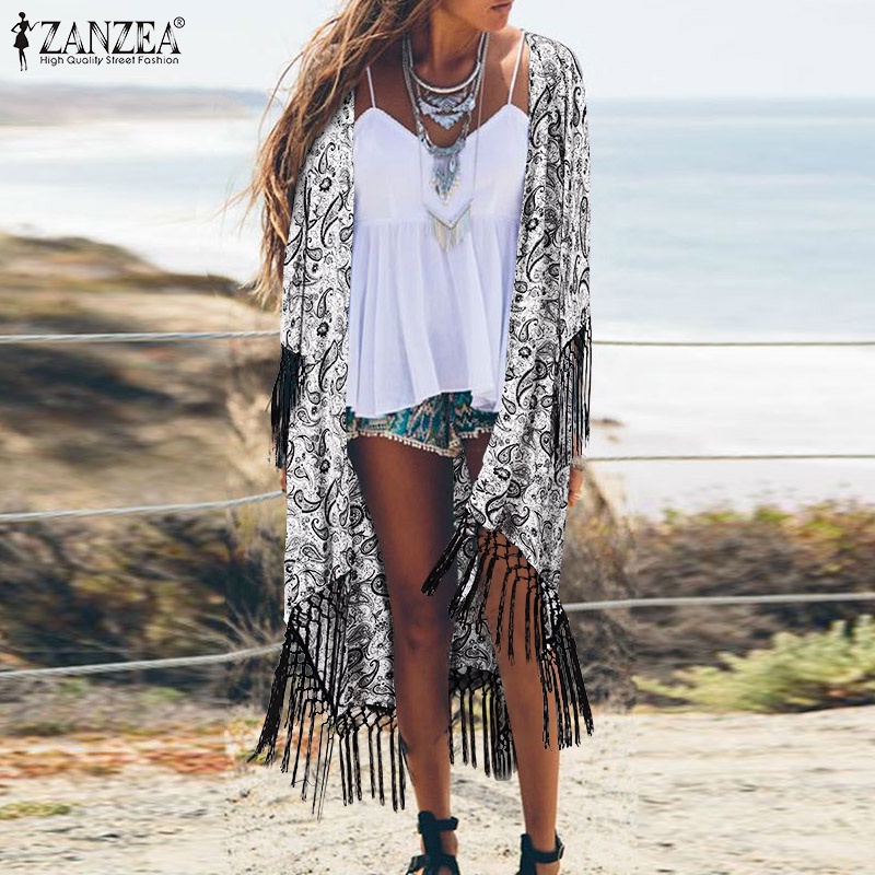 Zanzea Áo Khoác cardigan Nữ Tay Lửng Họa Tiết Hoa Phong Cách Retro