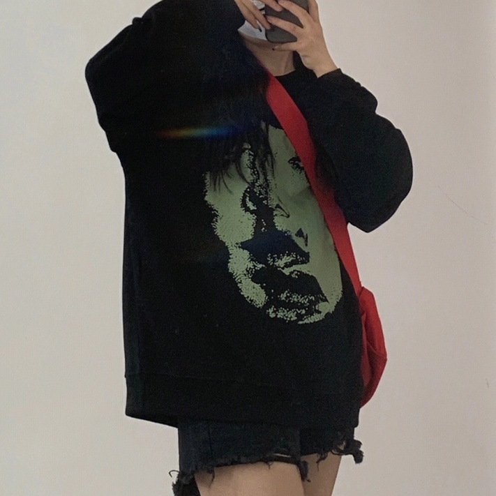 ZHELIHANGFEI Áo Thun Tay Dài Cổ Tròn Form Rộng Họa Tiết In Hợp Thời Trang