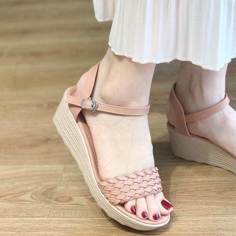 Giày sandal nữ gót cao 5p Bánh Bèo, giày đế xuồng xốp chống trơn trượt nữ hỡ mũi phối dây thời trang màu nâu và đen