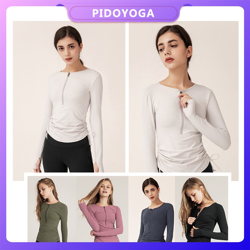 Áo thun thể thao tay dài phối dây kéo khô nhanh ôm dáng thoáng khí dành cho nữ tập yoga