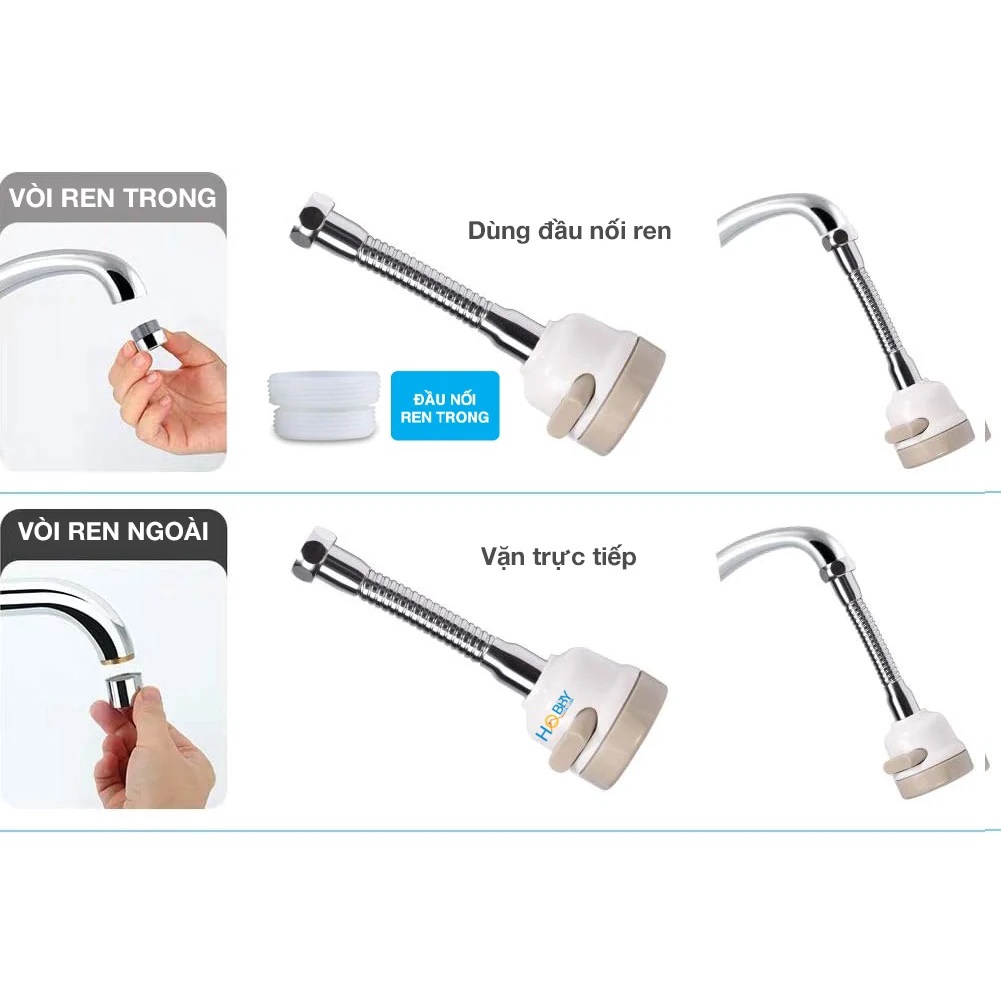 Đầu nối vòi nước bồn rửa chén tăng áp 200% xoay 360 độ