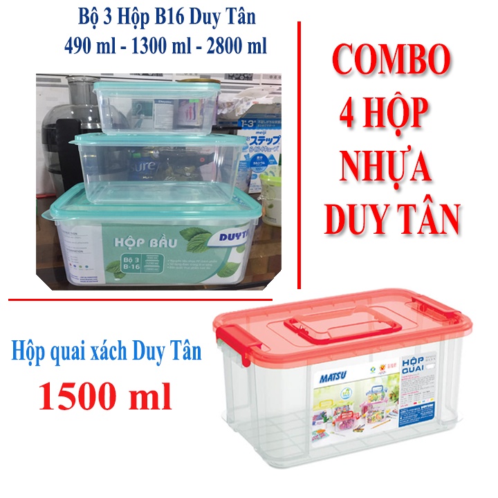 Bộ 3 hộp bầu 490ml - 1300ml - 2800ml và Loại  1,5 Lít quai xách Duy Tân  đựng thực phẩm an toàn