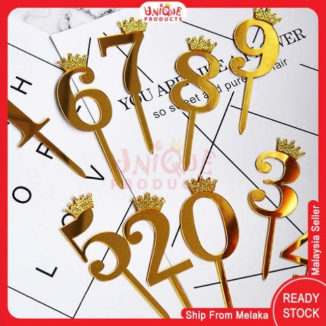 Thẻ Số Bánh Sinh Nhật Bằng acrylic Mạ Vàng Hình Vương Miện Màu Vàng Cho Bé 1-10 Tuổi