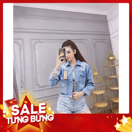 -HÀNG NHẬP KHẨU Áo Khoác Jean Lửng Nữ Cao Cấp Rách Lai Đính Hạt Cườm - Ảnh thật kèm video- Hàng Có Sẵn Liên hệ mua hàng