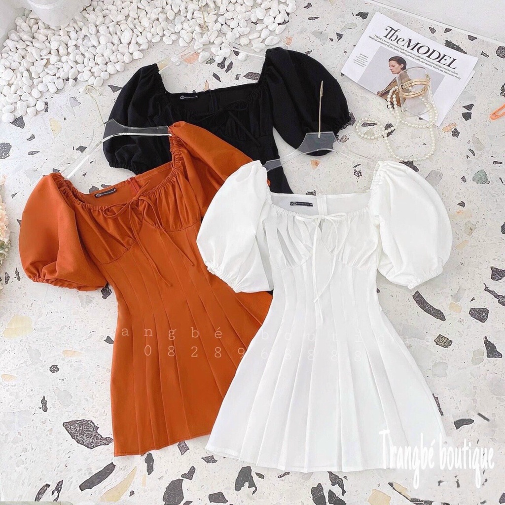 [8.8 Sales Freeship] Đầm tiểu thư nhún cột dây ngực, đầm tay phồng trễ vai ôm eo dáng xòe xếp ly dạo phố quyến rũ