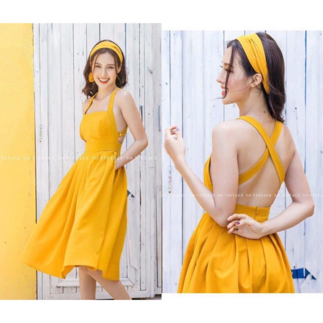 Đầm vàng hở lưng 2 cách mặc -có mút ngực