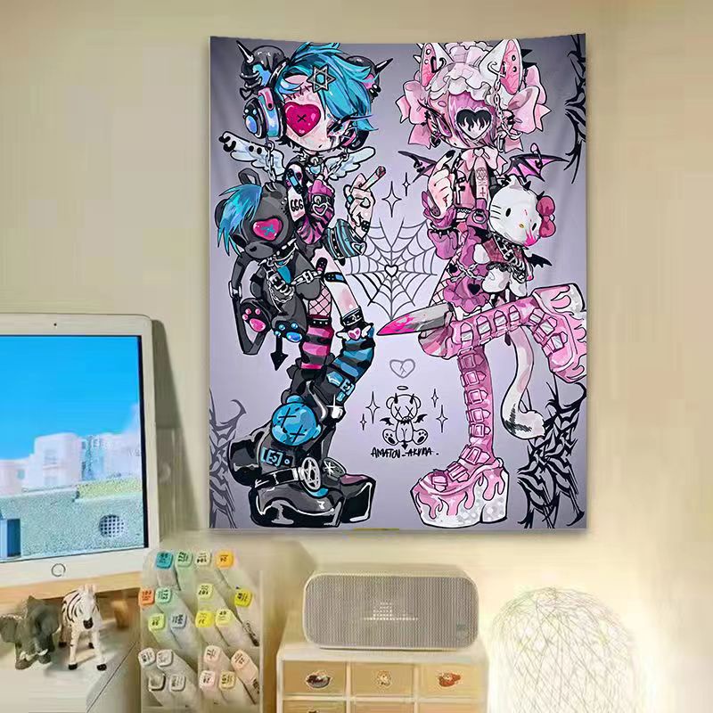 Thảm Treo Tường Họa Tiết Hoạt Hình Nhật Bản Phong Cách Punk Kuromi Kitty Mới