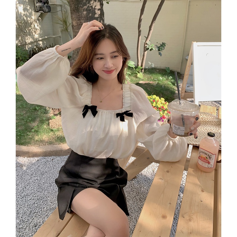 Áo chiffon BH cổ vuông tay dài đính nơ thời trang mùa hè dành cho nữ 2022