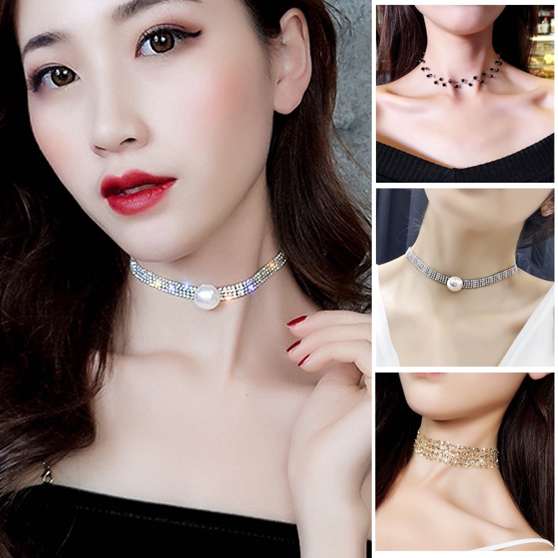 Vòng cổ choker mặt ngọc trai phong cách retro