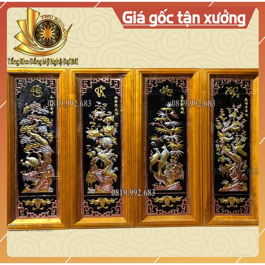 Tranh Tứ Quý Bằng Đồng Mạ Vàng 24K Kèm Đèn Led Gỗ Thịt Chính Hãng Đồ Đồng Đại Bái Bộ Kích Thước Chuẩn Phong Thủy