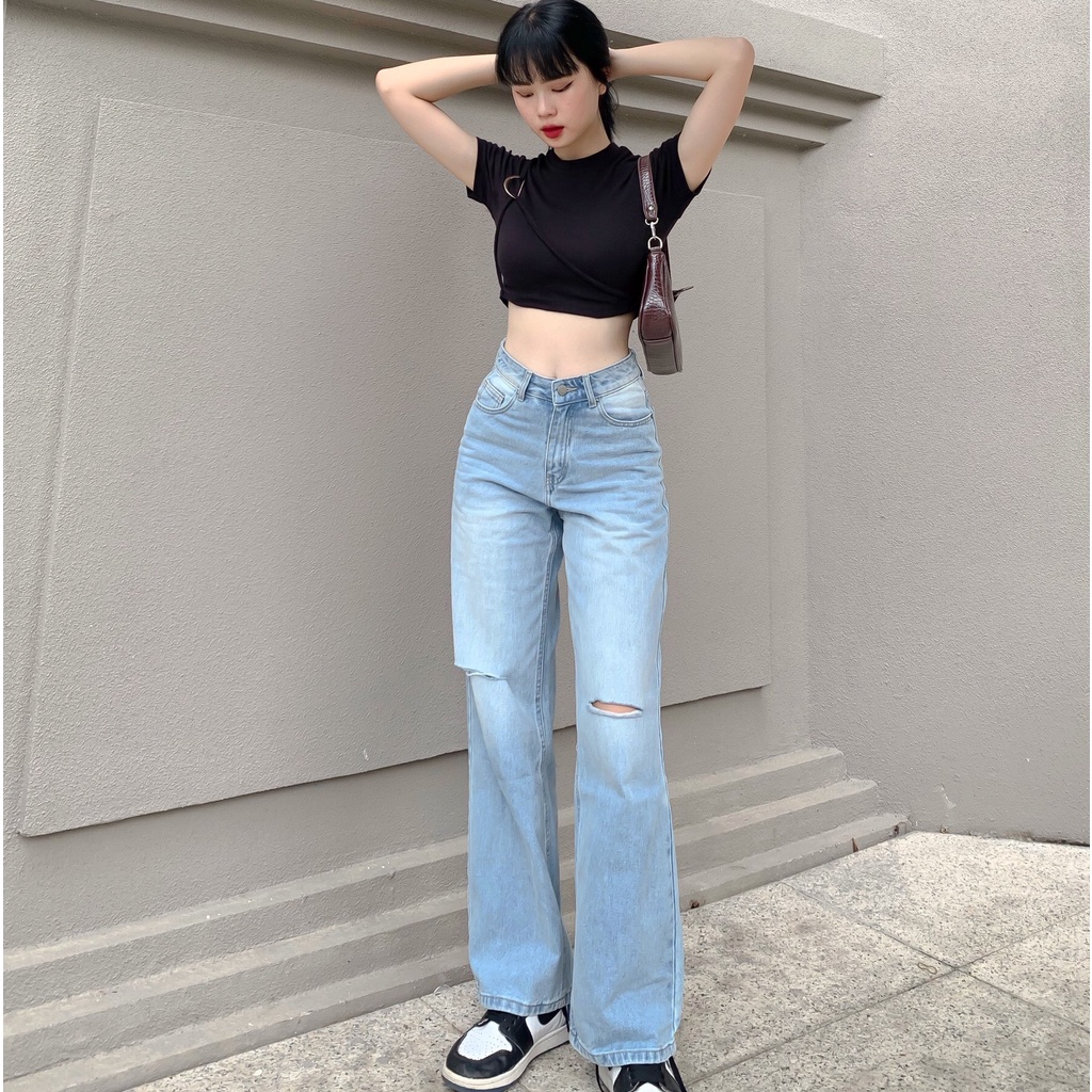 Quần jeans nữ ống suông TOPTIFY cullotes rách gối cá tính QJ32 | WebRaoVat - webraovat.net.vn