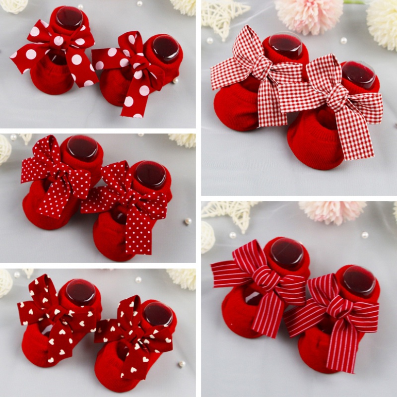 Bộ 2 Đôi Vớ Cotton Chống Trượt Đính Nơ Đỏ Dễ Thương Cho Bé