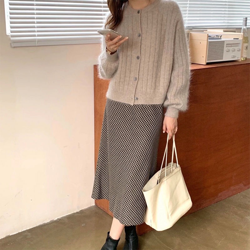 Áo khoác cardigan dệt kim cổ tròn tay phồng dáng rộng họa tiết kẻ sọc thoải mái dành cho nữ