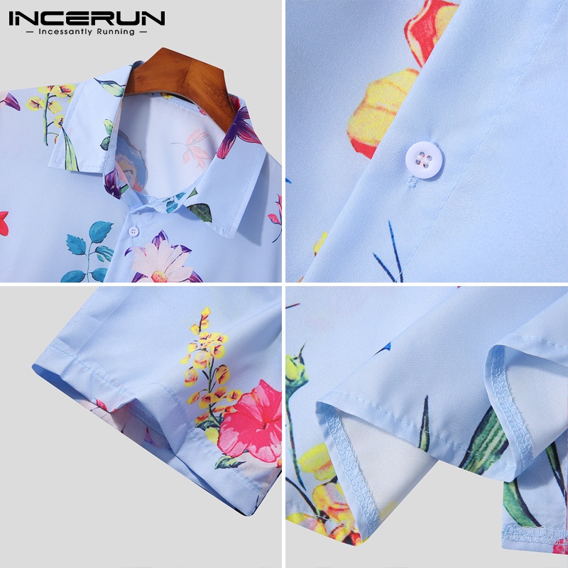 Set đồ 2 món INCERUN gồm áo sơ mi ngắn tay in họa tiết độc đáo + quần short thời trang cho nam