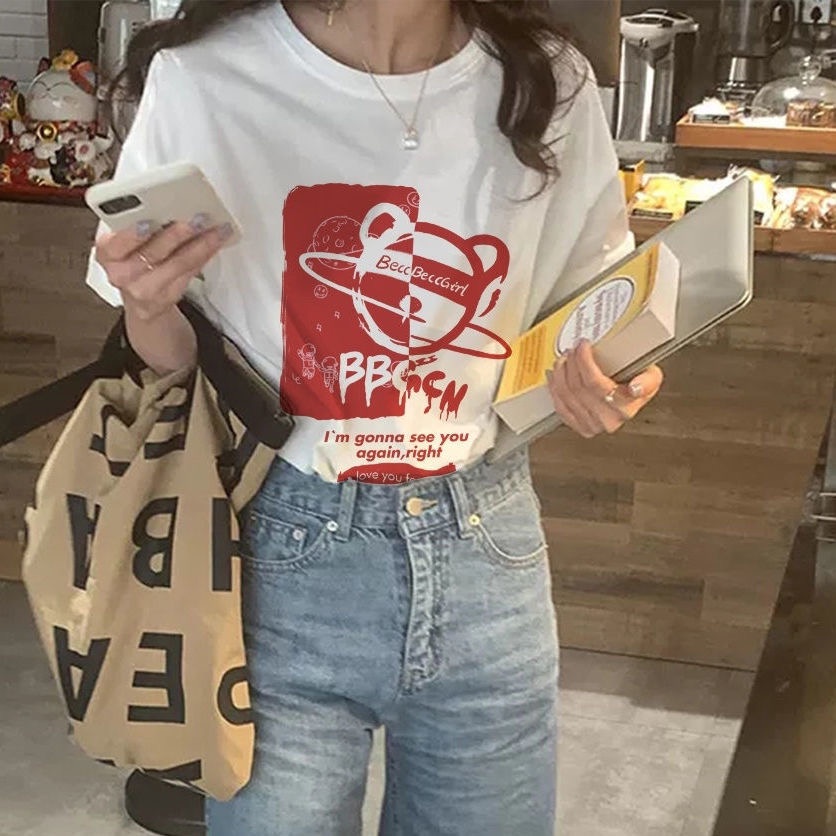 SUXI Áo Thun Tay Ngắn Cổ Tròn Dáng Rộng In Họa Tiết Hoạt Hình Phong Cách Hàn Quốc Thời Trang Mùa Hè Cá Tính