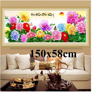 Tranh thêu chữ thập thanh lý hoa mẫu đơn MN0054 150x58cm
