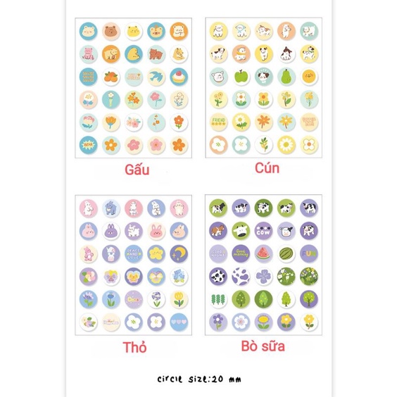 1 tấm sticker tròn PaPerMore hình thú và cây, hoa cute