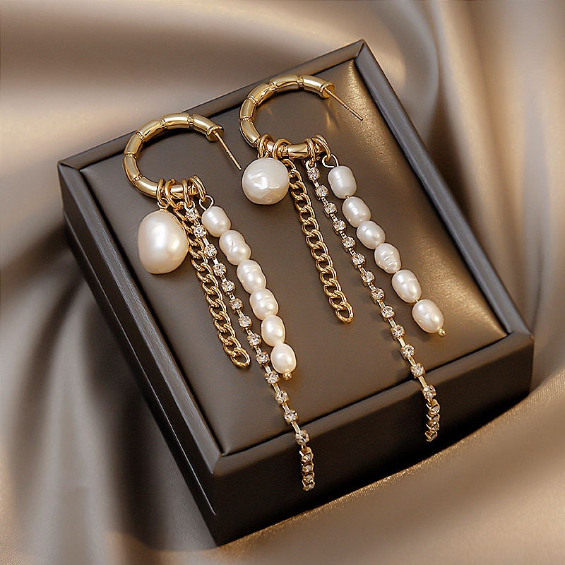 Bông Tai Dạng Chuỗi Dài Hình Chữ C Bằng Bạc 925 Đính Ngọc Trai Và Kim Cương Thời Trang Cho Nữ