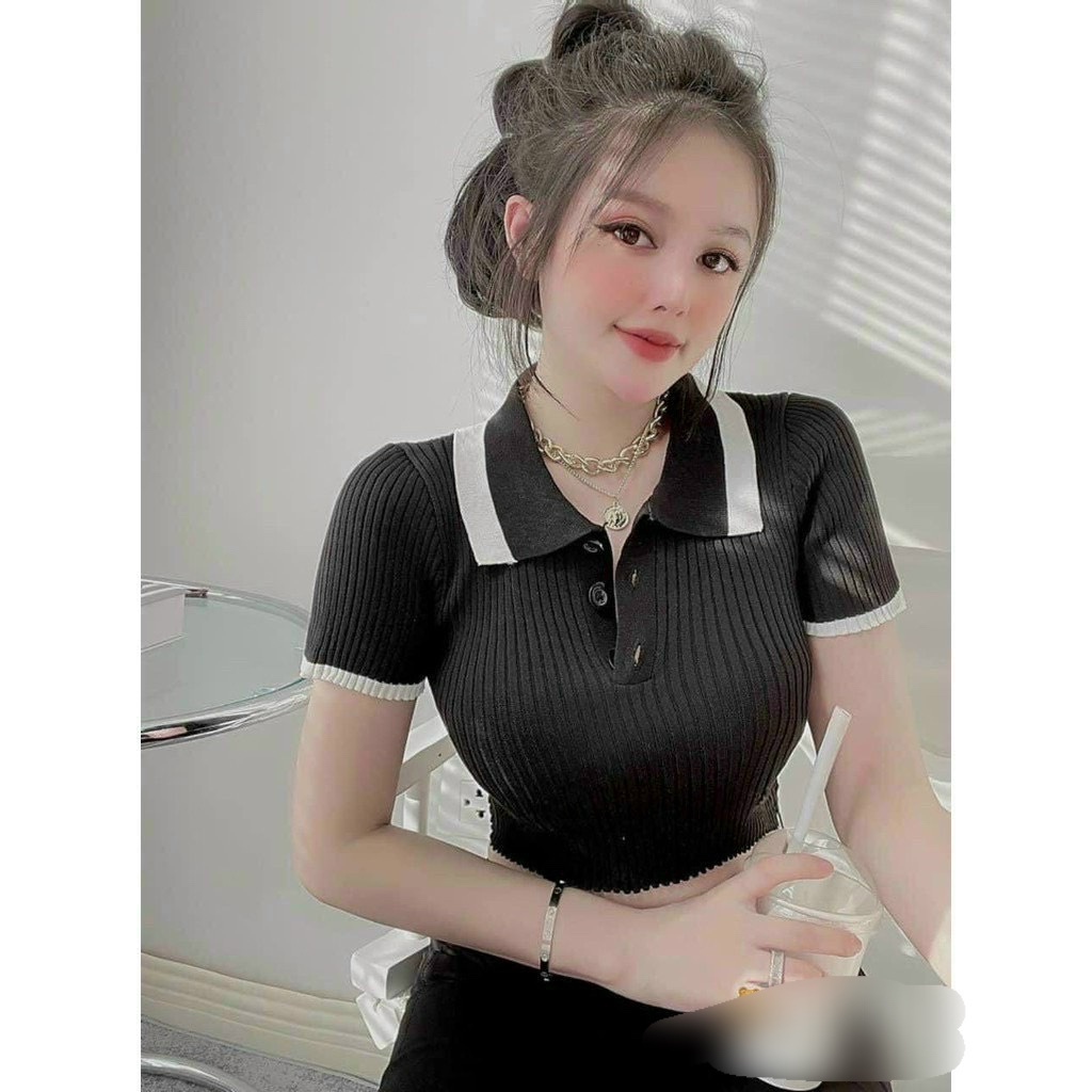 Áo thun gân tay ngắn cổ bẻ viền sọc croptop ôm body sành điệu thiết kế bắt mắt năng động lịch sự MC