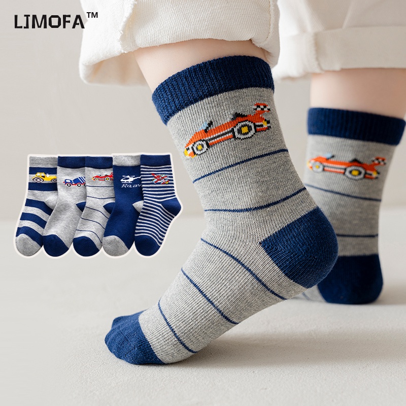 LJMOFA KIDS 5 cặp phù hợp với trẻ em 1-12 tuổi vớ bông hoạt hình phương tiện vận tải xe ô tô máy bay trực thăng đua xe chạy mẫu vằn của cậu bé vớ trung bình mềm mại và dễ chịu mồ hôi và căng thẳng trẻ em vớ vớ trẻ em bán buôn