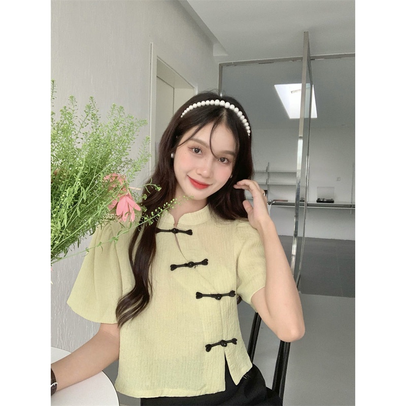 Giới Hạn Thời Gian Khuyến Mãi Áo Sơ Mi Ngắn Tay Phồng Đính Đĩa Tròn Phong Cách Trung Hoa Nhẹ Nhàng Cá Tính Thời Trang Mùa Hè Cho Nữ