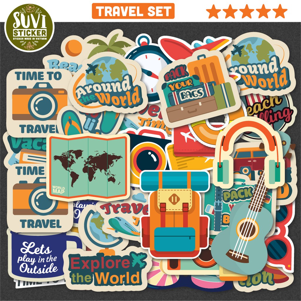 50 Sticker Du Lịch Travel chống nước sticker dán laptop, điện thoại, đàn guitar, mũ bảo hiểm, vali. MSP: T03