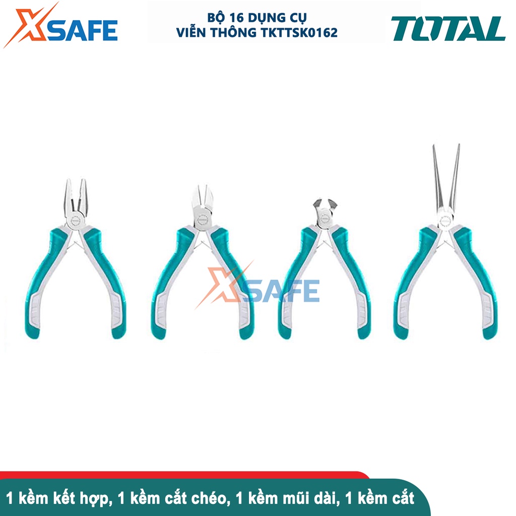 Bộ 16 tua vít và kìm chuẩn TOTAL TKTTSK0162, bộ dụng cụ gồm 10 tua vít, 4 kìm mini, 1 dao rọc giấy và 1 nhíp kẹp 125mm