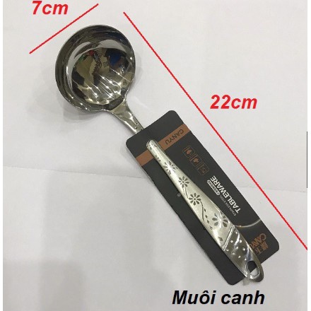 Bộ muôi múc canh, muôi thủng vớt lẩu, xẻng xào - Bộ vá đặc, vá thủng xẻng rãnh inox họa tiết in chìm trên cán