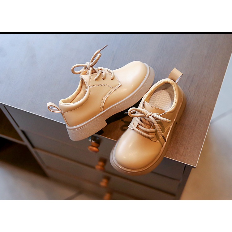 Giày Da PU Mũi Tròn Cột Dây Màu Trơn Phong Cách Anh Quốc Cổ Điển Thời Trang Mùa Xuân 2022 Cho Bé Trai Và Gái