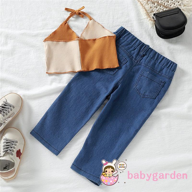 Bộ áo hai dây dệt kim + quần denim dài thời trang cho bé gái 1-6 tuổi