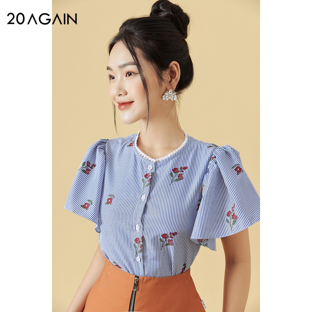 Áo sơ mi nữ tay xòe 20AGAIN, họa tiết xanh kẻ trẻ trung, thoáng mát, thấm mồ hôi ASW1146 | BigBuy360 - bigbuy360.vn