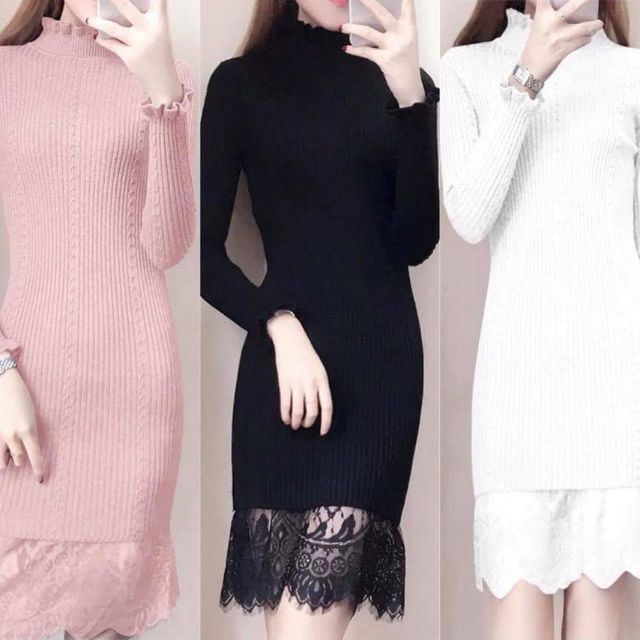 Váy len body phối ren