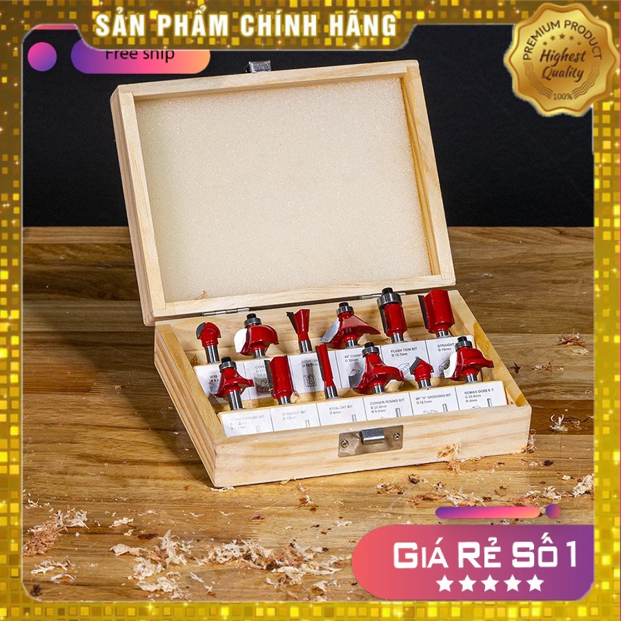 Bộ 12 Mũi Phay Gỗ, Mũi Soi Cốt 12.7mm chất liệu thép, lưỡi dao được xử lý nhiệt, độ bền cao CAO CẤP