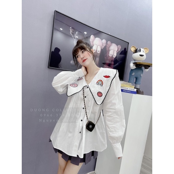 Áo sơ mi cổ viền bèo thêu hình Áo sơ mi trắng hồng dáng babydoll chất thô lụa