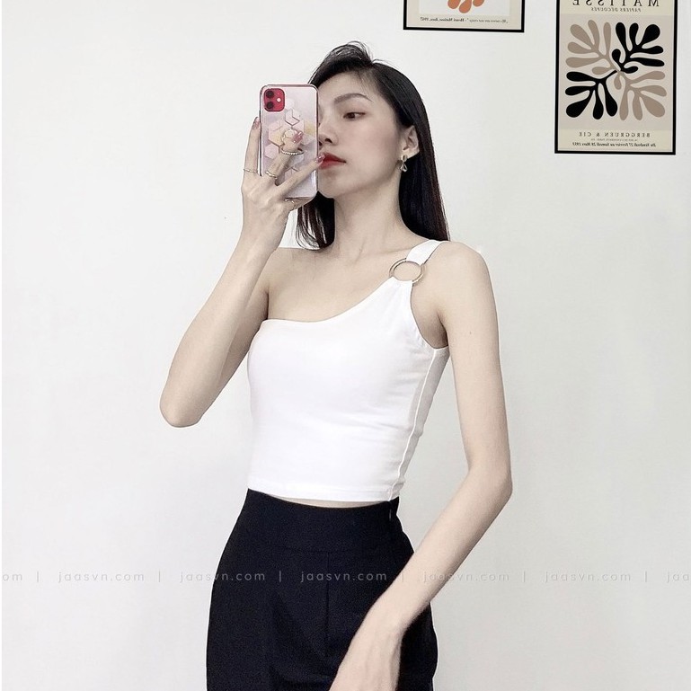 Áo crop top lệch vai ôm body đeo khoen - 2 màu trắng, đen