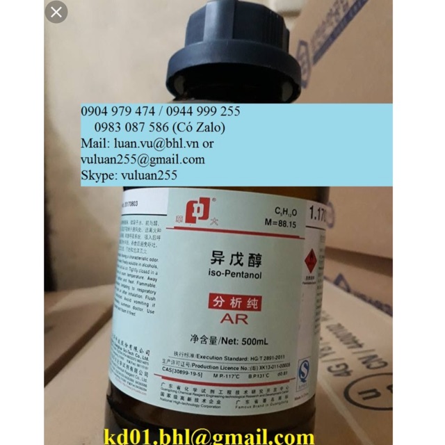 Hoá chất isopentanol , isoamyl alcohol chai 500ml C5H12O 30899-19-5