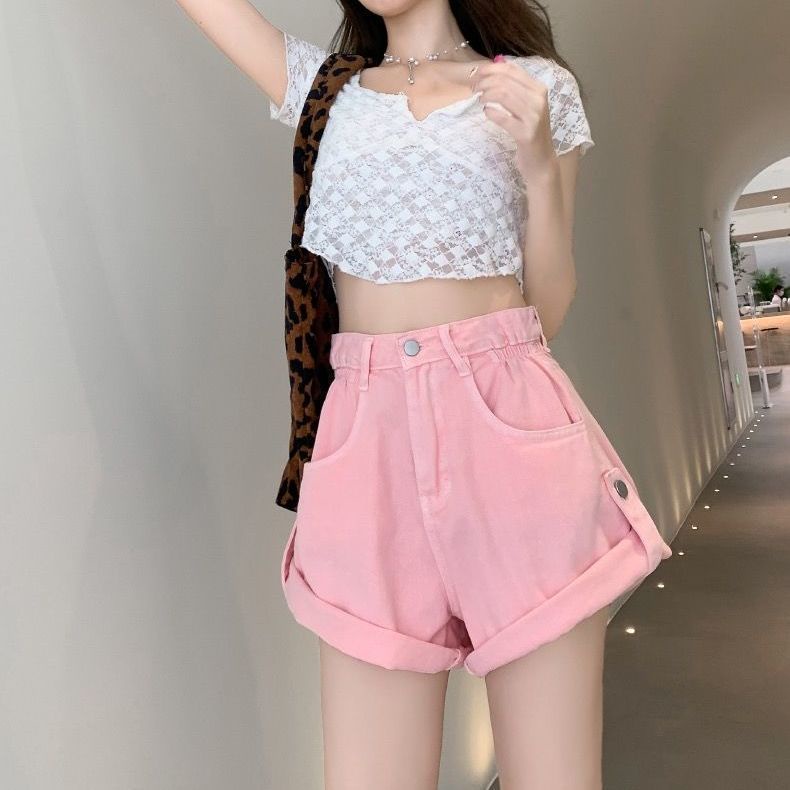 Jiashucheng Quần Short Denim Dáng Chữ a Lưng Cao Ống Rộng Thời Trang Mùa Hè Cho Nữ