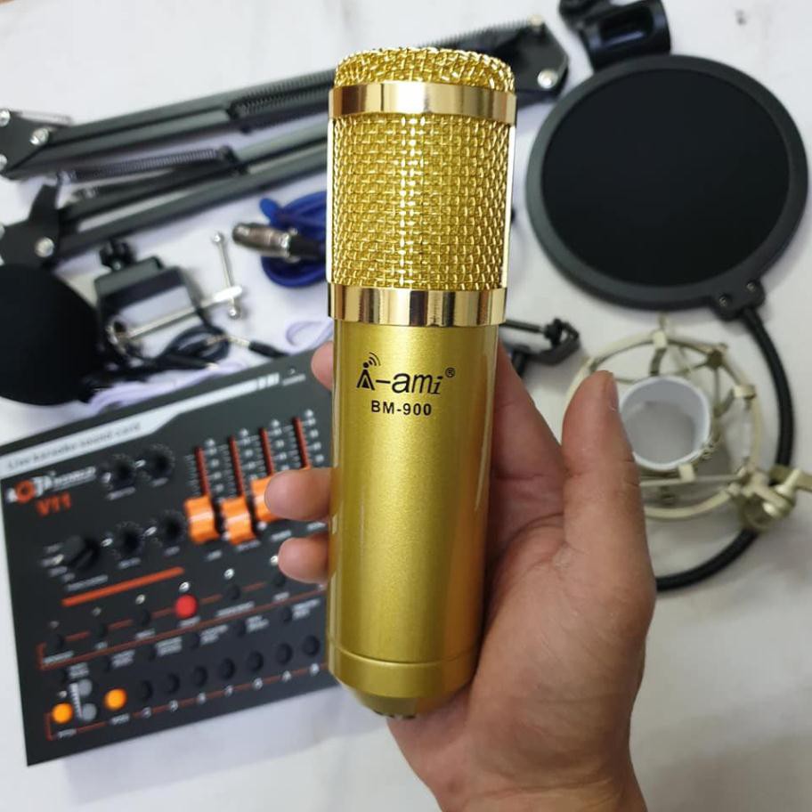 combo bộ mic thu âm hát livestream karaoke micro AMI BM900 card V11 chân kẹp màng lọc âm bảo hành 6 tháng