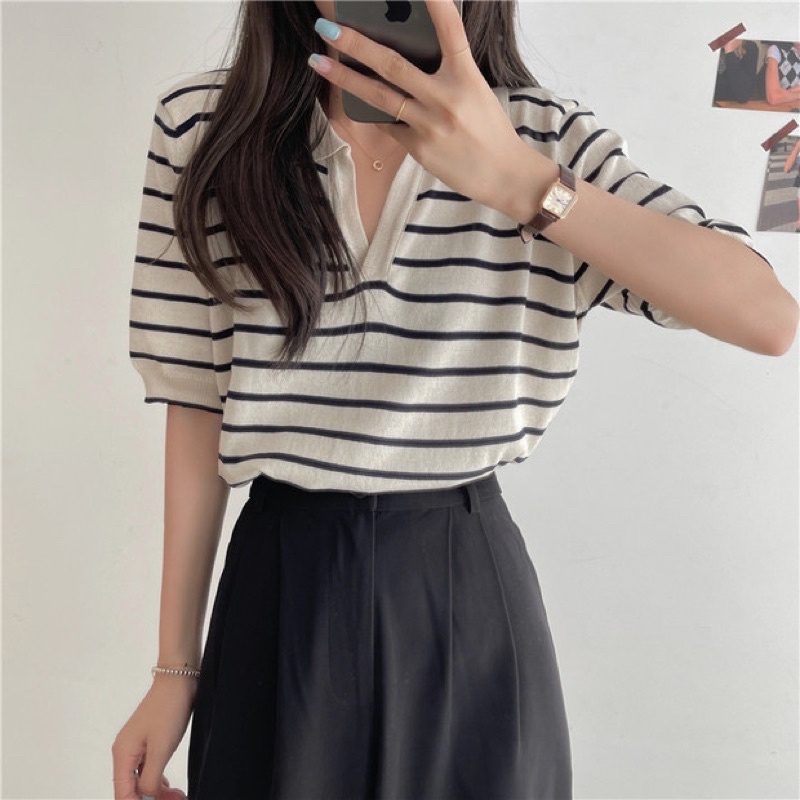 Áo thun polo nữ Form rộng tay dài kẻ sọc ngang Cổ tròn Áo phông polo có cổ nữ Ngắn tay Hàn Quốc đẹp
