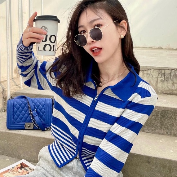 Áo khoác cardigan ZHELIHANGFEI dệt kim cổ bẻ dáng ôm hoạ tiết kẻ sọc hợp thời trang