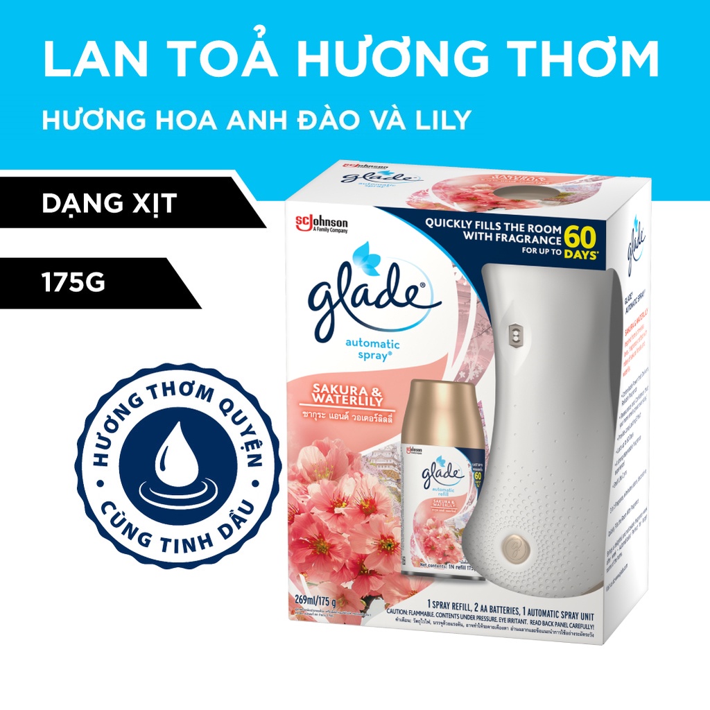 [Nhâp FMCGMALLMT-Giảm 12%-Đơn 250K] GLADE Bộ Máy &amp; Lõi Xịt thơm phòng tự động Hương Hoa Anh Đào Lily 175g