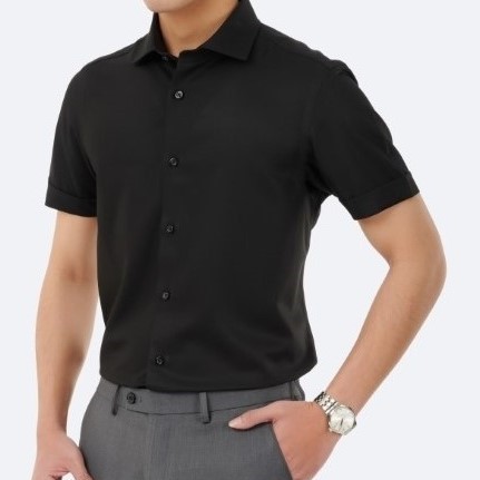 Áo Sơ Mi Nam Đen Ngắn Tay Chất Cotton Co Dãn Mềm Mại Không Nhăn Không Xù Dáng Ôm Mặc Thoải Mái Bao Kiểm Tra Chất Lượng