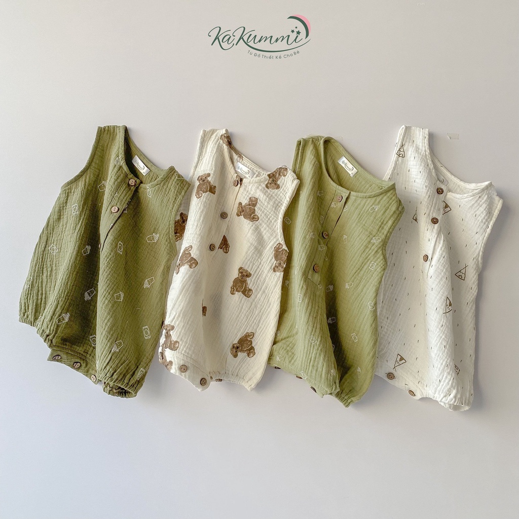 Body chip ba lỗ unisex chất xô muslin, body sát nách cho em bé trai gái BD006 Kakummi