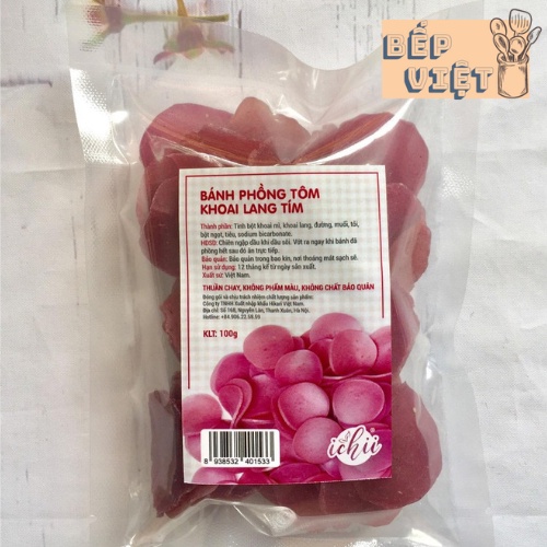 Phồng tôm khoai lang tím BẾP VIỆT, Bánh phồng tôm thuần chay gói 100g