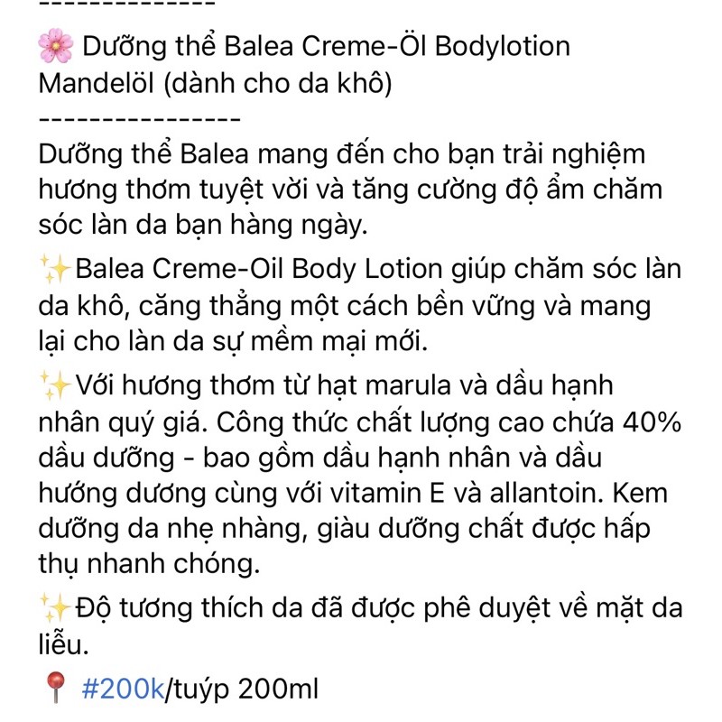 dưỡng thể nước hoa balea