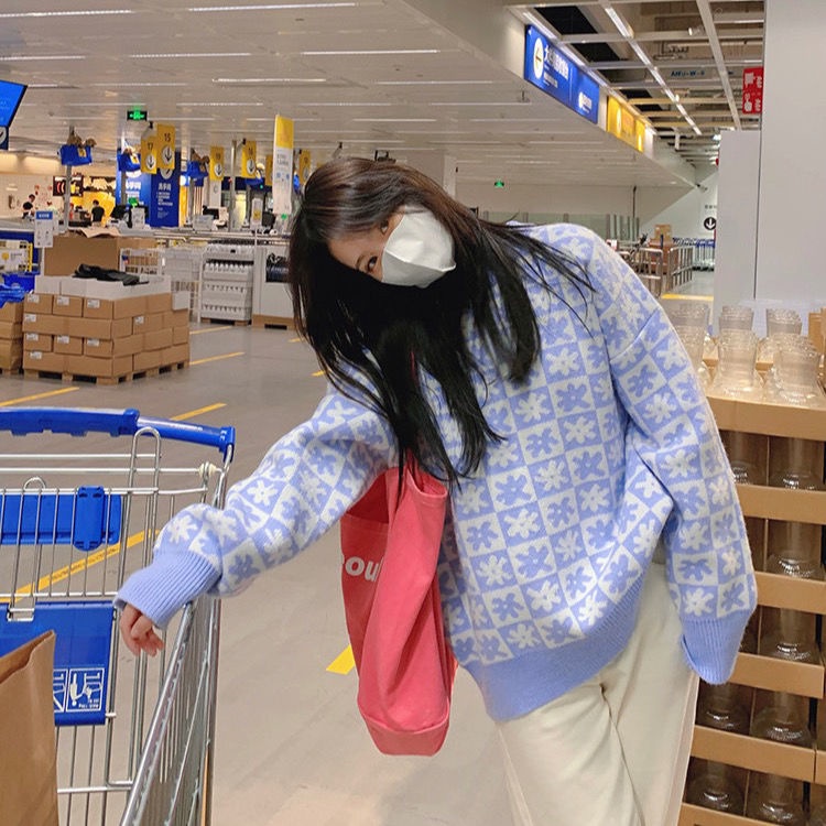 Áo Khoác Len Dáng Rộng Sọc Ca Rô Màu Xanh Dương Sữa Thời Trang Hàn Quốc 2022 Mới Cho Nữ