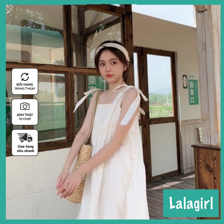 Váy Đầm Nữ 2 Dây Bản To Buộc Nơ 3 Tầng, Váy Nữ Babydoll Trơn Dáng Dài 2 Màu